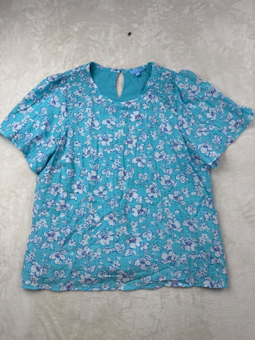 Draper James Womens Blue Floral Smocked Blouse Large Short Sleeve Keyhole Back